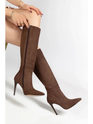 Uslucan Alışveriş LS-226 Kahve Süet Fermuarlı Lastikli Ince Yüksek Topuklu Kadın Çizme