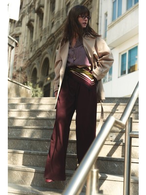 Emnora Kemer Detaylı Palazzo Pantolon Burgonya