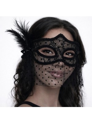 Erdo Ticaret Buğz Siyah Dantel Tüllü Peçeli Parti Maskesi - Tüylü Inci Detaylı