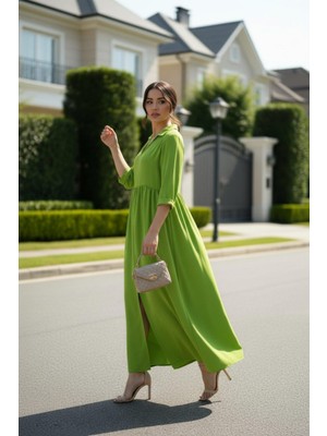 Mossta Truvakar Kol Gömlek Yaka Maxi Boy Aerobin Elbise - Yeşil
