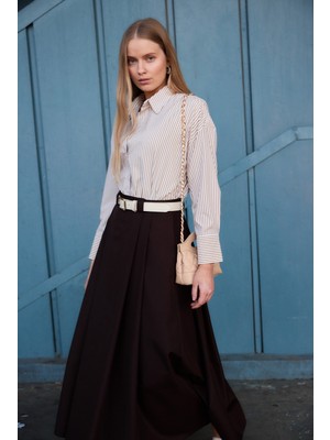 Emnora V Yaka Çizgili Gömlek Bej