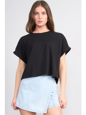 Çetinkaya Fithit 8382 Bayan Bisiklet Yaka 30/1 Penye Oversize T-Shirt Siyah
