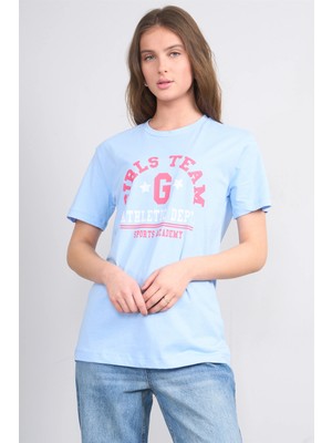 Çetinkaya Fithit 8859 Bayan Bisiklet Yaka Regular Baskılı T-Shirt Bebe Mavi