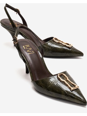 Luvi Yvella Yeşil Rugan Baskı Tokalı Sivri Burunlu Kadın Topuklu Ayakkabı