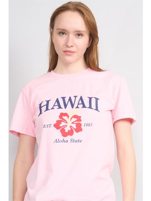 Çetinkaya Fithit 8868 Bayan Bisiklet Yaka Regular Baskılı T-Shirt Açık Pembe