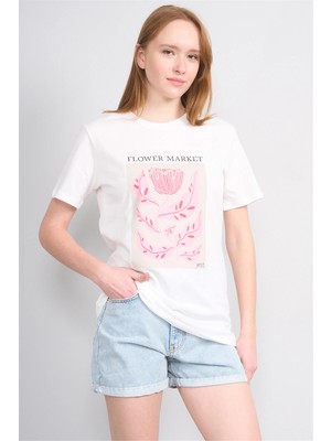 Çetinkaya Fithit 8885 Bayan Bisiklet Yaka Regular Baskılı T-Shirt Krem