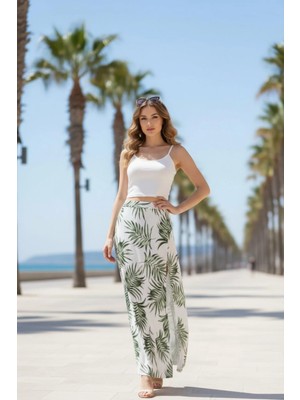 Mossta Askılı Crop Bluz ve Desenli Yırtmaçlı Etek Takım Şık Kombin - Beyaz