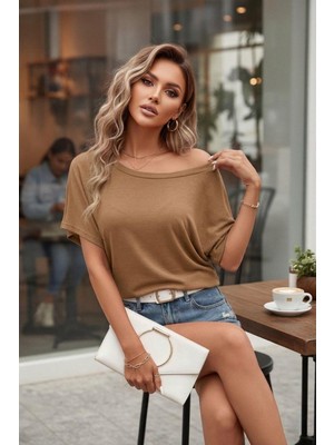 Mossta Düşük Omuzlu Salaş Kesim Yarasa Kol Viskon Bluz - Vizon