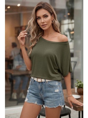 Mossta Düşük Omuzlu Salaş Kesim Yarasa Kol Viskon Bluz - Haki