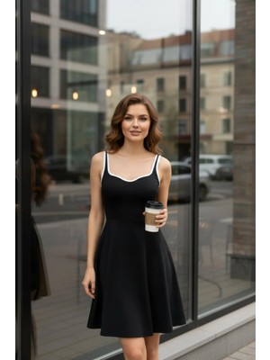 Mossta Modern Askılı Mini Dalgıç Elbise Kontrast Detaylı Zarif Tasarım - Siyah