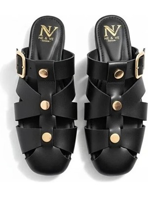 Ne&Ve Shoes Deri Trok Detaylı Tokalı Kadın Kare Burunlu Sabo Terlik