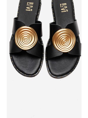 Luvi Nolıta Siyah Cilt Hakiki Deri Tokalı Kadın Terlik