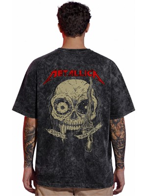 Sevbano Tasarım Metallica Rock Metal Müzik Grubu Sırt Baskılı Unisex Oversize Eskitme Yıkamalı Tişört