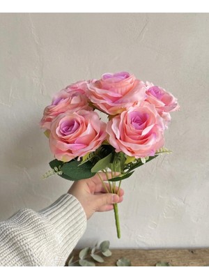 Bakburaya Yapay Çiçekçilik Yapay Şimşir Aranjmanlı Ebruli 7 Kafalı Katmerli Gül Özel Gün ve Vazo Çiçeği