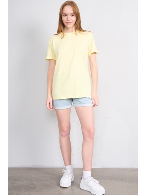 Çetinkaya Fithit 3264 Bayan Bisiklet Yaka 30/1 Penye Regular Basic T-Shirt Uçuk Sarı