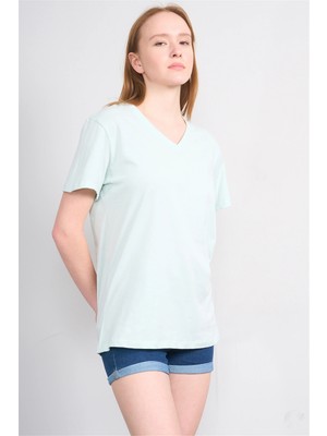 Çetinkaya Fithit 3265 Bayan V Yaka 30/1 Penye Regular Basic T-Shirt Çağla