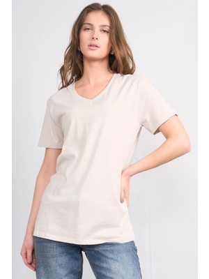 Çetinkaya Fithit 3265 Bayan V Yaka 30/1 Penye Regular Basic T-Shirt Vizon
