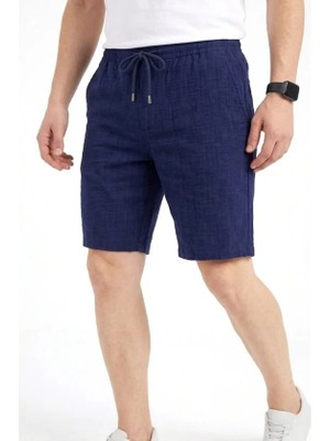 paris store Erkek Keten Kumaş Cepli Rahat Kesim Bel Lastikli Şort - Lacivert