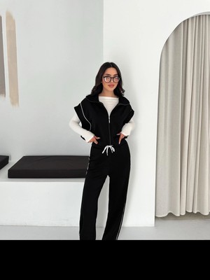 Kadın Modal Kumaş Garnili Sıfır Kol Dik Yaka Oversize Eşofman Takımı