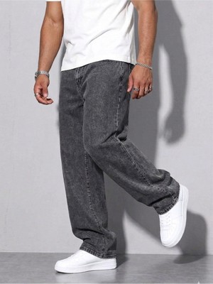 Cuqq Denim Erkek Antrasit Asit Yıkama Baggy Jean Bol Paça Kot Pantolon