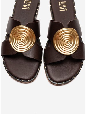 Luvi Nolıta Kahverengi Cilt Hakiki Deri Tokalı Kadın Terlik