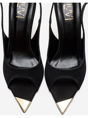 Luvi Amore Siyah Saten Metal Detaylı Kadın Topuklu Ayakkabı