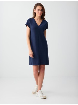 Jimmy Key Lacivert Düşük Omuz V Yaka Örme Mini Elbise