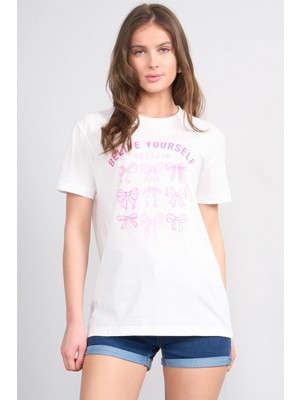 Çetinkaya Fithit 8881 Bayan Bisiklet Yaka Regular Baskılı T-Shirt Krem