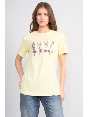 Çetinkaya Fithit 8791 Bayan Bisiklet Yaka Regular Baskılı T-Shirt Uçuk Sarı