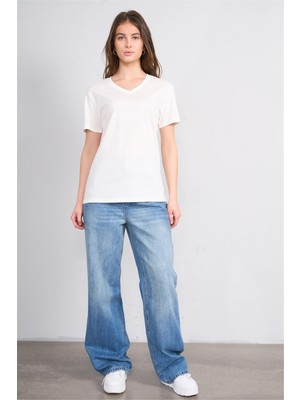 Çetinkaya Fithit 3265 Bayan V Yaka 30/1 Penye Regular Basic T-Shirt Krem