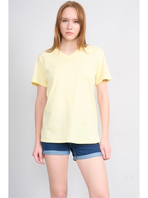Çetinkaya Fithit 3265 Bayan V Yaka 30/1 Penye Regular Basic T-Shirt Uçuk Sarı