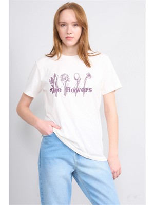 Çetinkaya Fithit 8791 Bayan Bisiklet Yaka Regular Baskılı T-Shirt Krem