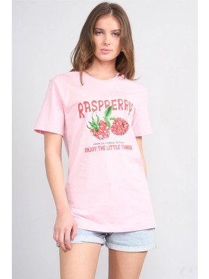 Çetinkaya Fithit 8896 Bayan Bisiklet Yaka Regular Baskılı T-Shirt Açık Pembe