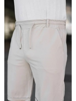 paris store Erkek Diagonel Kumaş Duble Paça Cepli Bağcıklı Bel Lastikli Şort - Krem