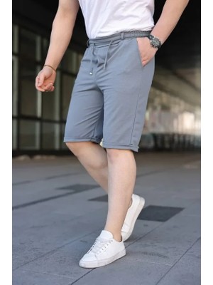 paris store Erkek Diagonel Kumaş Duble Paça Cepli Bağcıklı Bel Lastikli Şort - Gri