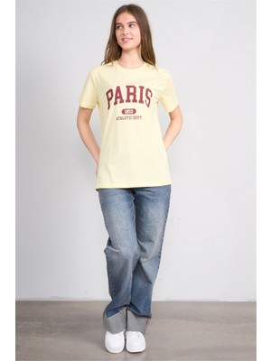 Çetinkaya Fithit 8939 Bayan Bisiklet Yaka Regular Baskılı T-Shirt Uçuk Sarı
