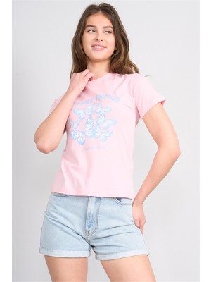 Çetinkaya Fithit 8839 Bayan Bisiklet Yaka Regular Baskılı T-Shirt Pembe