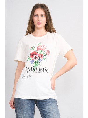 Çetinkaya Fithit 8926 Bayan Bisiklet Yaka Regular Baskılı T-Shirt Krem