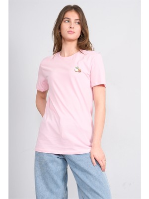 Çetinkaya Fithit 8884 Bayan Bisiklet Yaka Regular Baskılı T-Shirt Açık Pembe