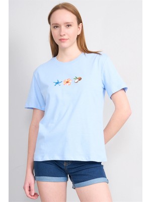 Çetinkaya Fithit 8887 Bayan Bisiklet Yaka Regular Baskılı T-Shirt Bebe Mavi