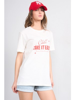 Çetinkaya Fithit 8942 Bayan Bisiklet Yaka Regular Baskılı T-Shirt Krem