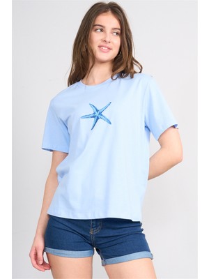 Çetinkaya Fithit 8890 Bayan Bisiklet Yaka Regular Baskılı T-Shirt Bebe Mavi