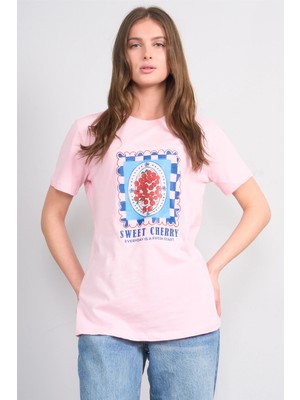 Çetinkaya Fithit 8847 Bayan Bisiklet Yaka Regular Baskılı T-Shirt Açık Pembe