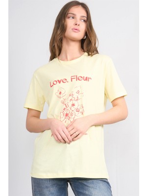 Çetinkaya Fithit 8944 Bayan Bisiklet Yaka Regular Baskılı T-Shirt Uçuk Sarı