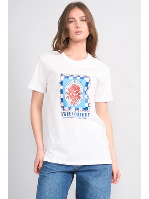 Çetinkaya Fithit 8847 Bayan Bisiklet Yaka Regular Baskılı T-Shirt Krem