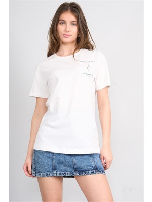 Çetinkaya Fithit 8960 Bayan Bisiklet Yaka Regular Nakışlı T-Shirt Krem