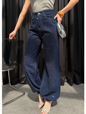 Esra Helvacı Taşlı Yüksek Bel Paça Lastikli Jean