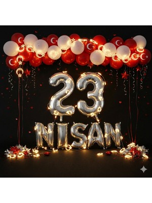 Tedaks 23 Nisan Çocuk Bayramı Temalı Ay-Yıldız Ledli Gümüş Folyo Rakam ve Harf Kırmızı Beyaz Balonlar