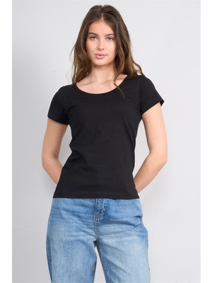 Çetinkaya Fithit 8913 Bayan Kayık Yaka Penye Süprem T-Shirt Siyah