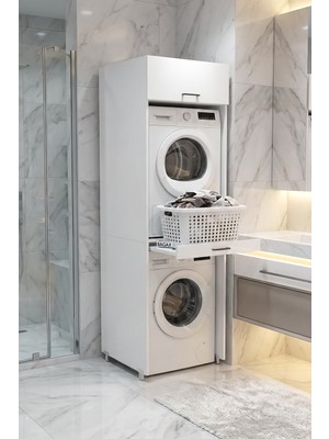 Bagax Çamaşır & Kurutma Makinesi Üst Üste Dolabı | Çamaşır Sepeti Çekmeceli | | 215 x 66,5 x 66,5 cm